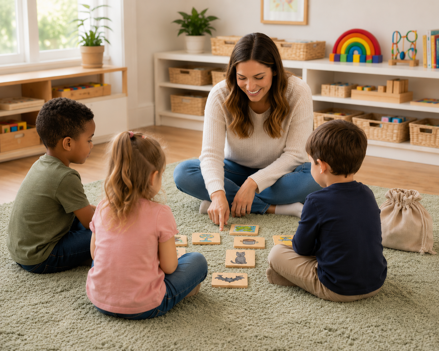 Teacher sitting with young children doing phonics activities