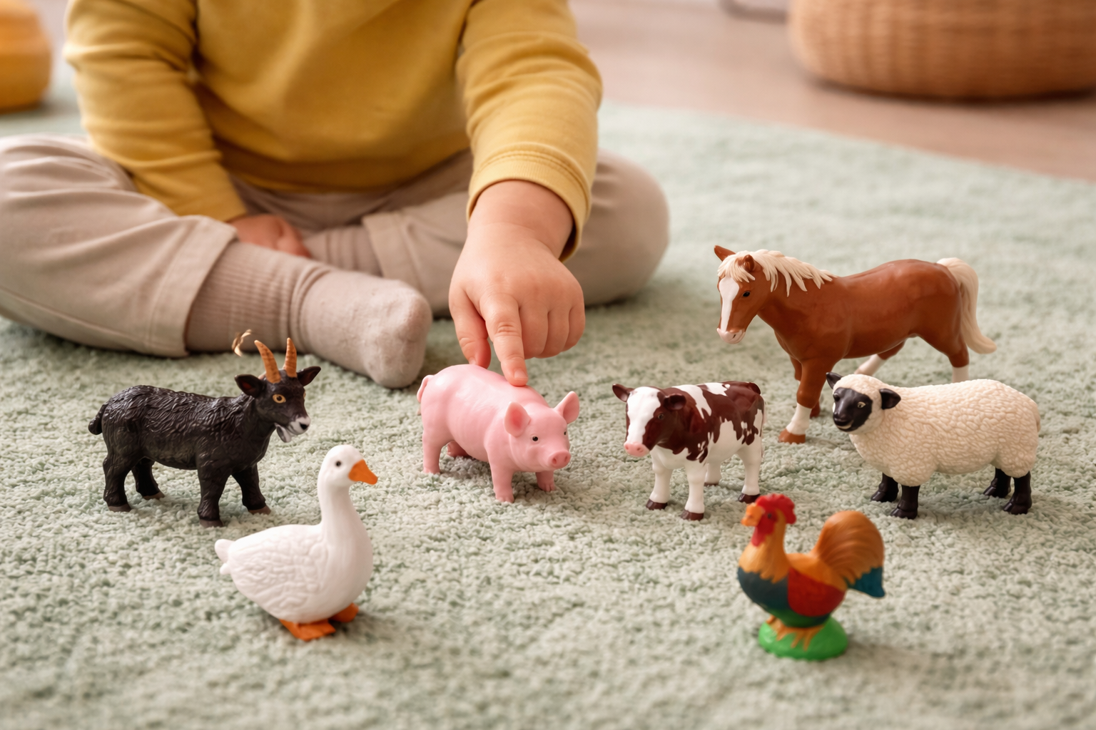 Child pointing to a pig during a phonics activity